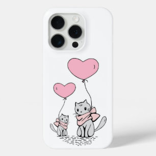 PINK VALENTINE HEART BALLOONS WITH GRAY KITTENS iPhone 15 PRO CASE