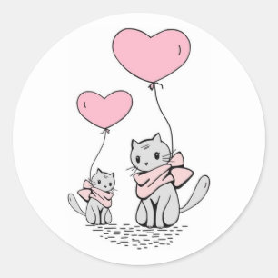 PINK VALENTINE HEART BALLOONS WITH GRAY KITTENS CLASSIC ROUND STICKER