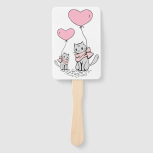 PINK VALENTINE HEART BALLOONS WITH GRAY KITTENS HAND FAN