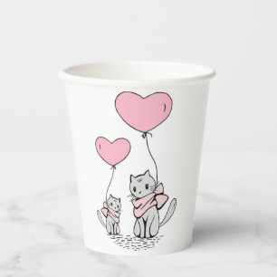 PINK VALENTINE HEART BALLOONS WITH GRAY KITTENS PAPER CUPS