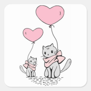 PINK VALENTINE HEART BALLOONS WITH GRAY KITTENS SQUARE STICKER