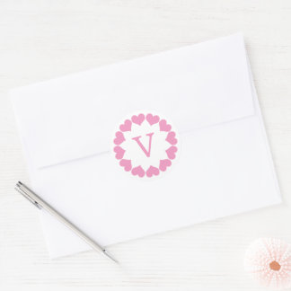 Pink Valentine Hearts in a Circle with Initial Classic Round Sticker