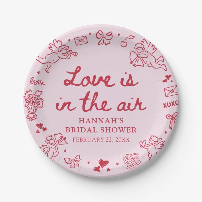 Pink Valentine Love is in the Air Bridal Shower Paper Plate (Front)