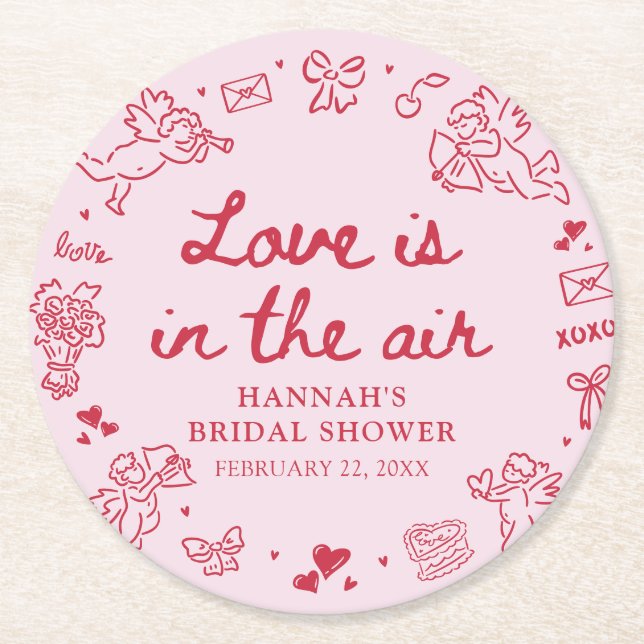 Pink Valentine Love is in the Air Bridal Shower Round Paper Coaster (Front)