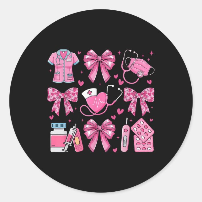 Pink Valentine Nurse Coquette Bow Heart Stethoscop Classic Round Sticker (Front)