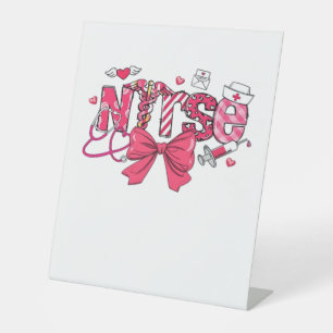 Pink Valentine Nurse, Valentine Coquette Bow Overs Pedestal Sign