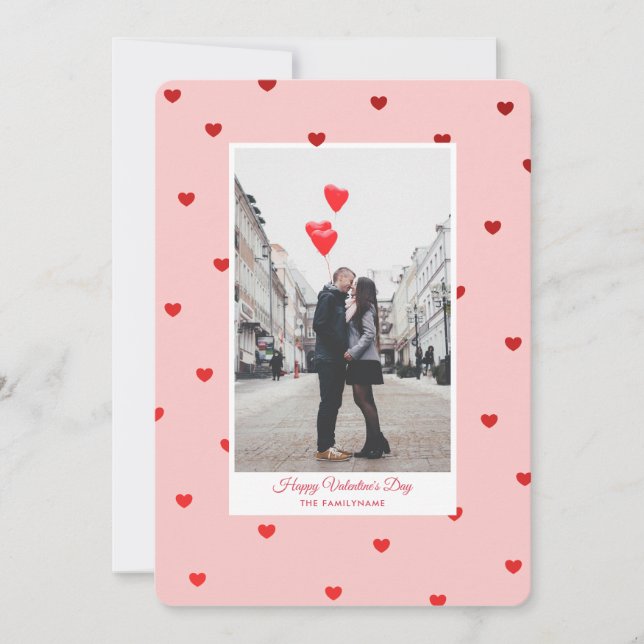Pink Valentine’s Day photo card with red hearts (Front)