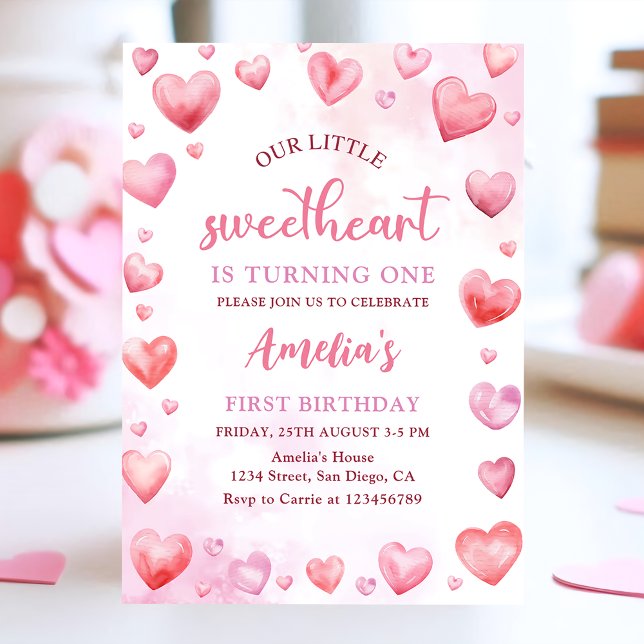 Pink Valentine Sweetheart  1st Birthday Invitation (Creator Uploaded)