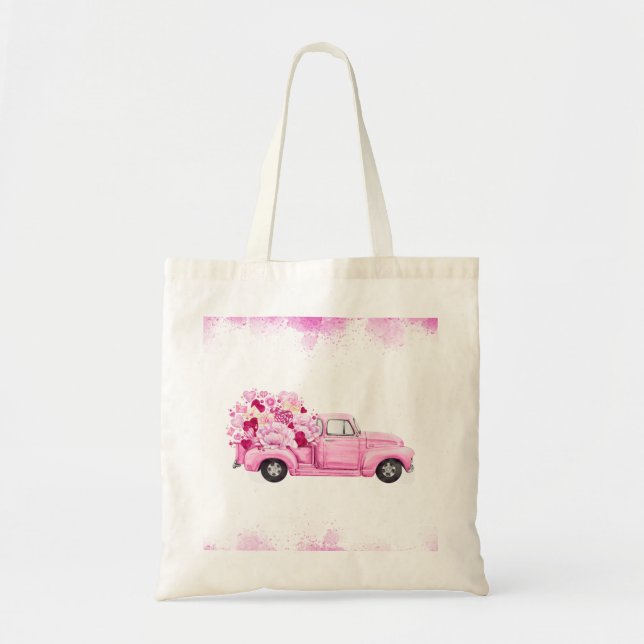 Pink Valentine Truck Watercolor Art Tote Bag (Front)