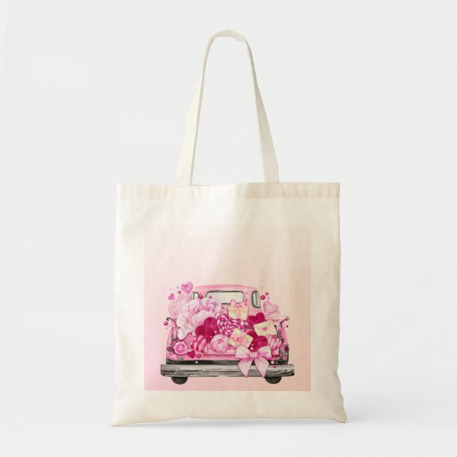 Pink Valentine Truck Watercolor Design Tote Bag (Front)