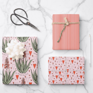 Pink Valentines Aloe Succulents Stripes Hearts Wrapping Paper Sheet