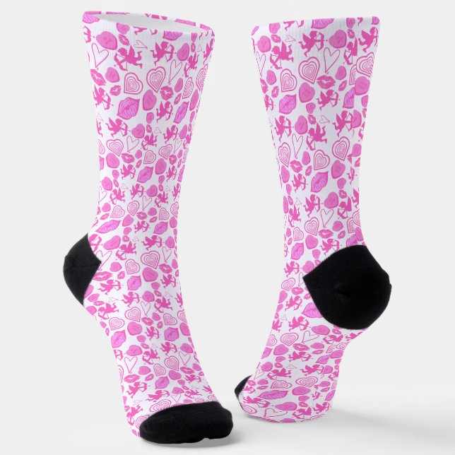 Pink Valentine's Cupid, Heart, Candies Pattern Socks (Angled)