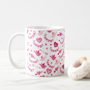 Pink Valentine's Day Hearts Birds Arrows Pattern Coffee Mug
