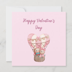 Pink Valentine's Day teddy bear hot air balloon Ca Card