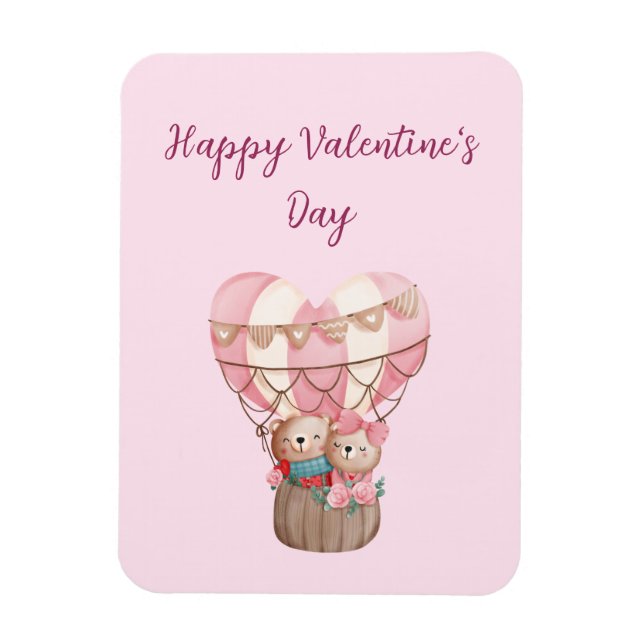 Pink Valentine's Day teddy bear hot air balloon Ca Magnet (Vertical)