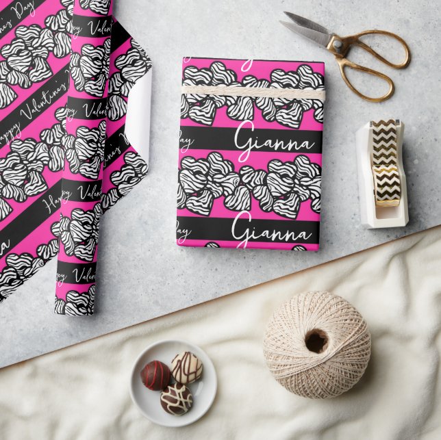 Pink Valentine's Day Zebra Heart Pattern add Name Wrapping Paper (Crafts)