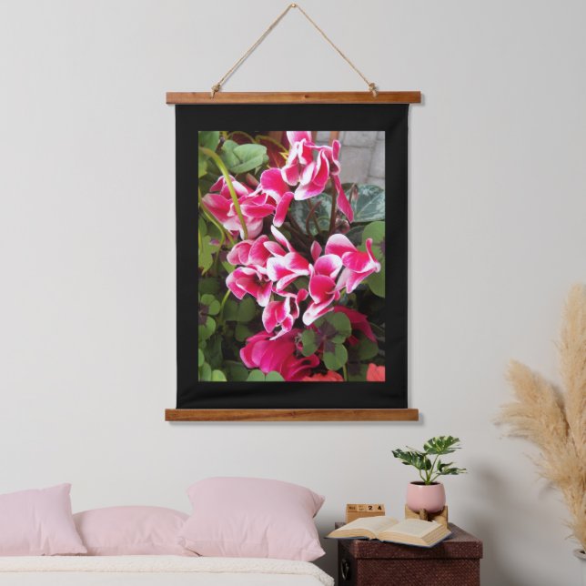Pink Variegated Cyclamen with Black Border Hanging Tapestry (Bedroom)