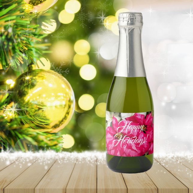 Pink Variegated Poinsettias Holiday Sparkling Wine Label (In Situ Holiday)