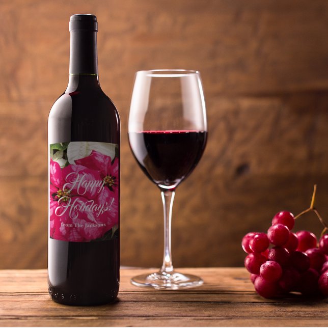 Pink Variegated Poinsettias Personalised Holiday Wine Label (In Situ)