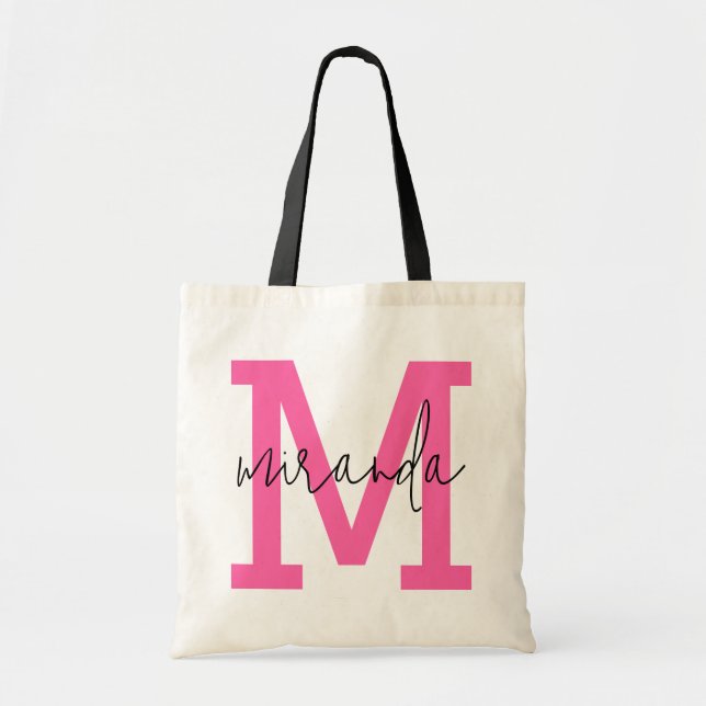 Pink Varsity Letter Monogram Cursive Script Name Tote Bag (Front)