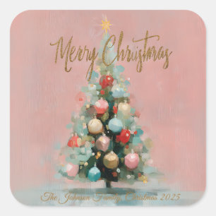Pink Velvet Christmas Tree Foil Holiday Postcard Square Sticker