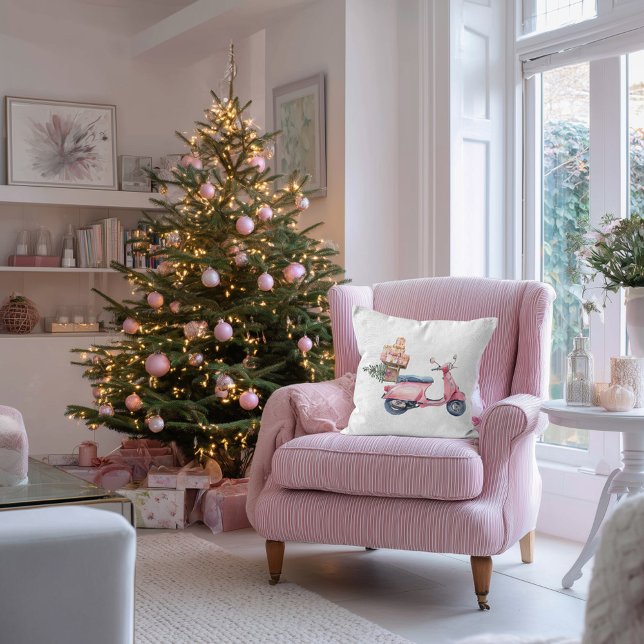 Pink Vespa Christmas Shopping Trip  Cushion (Pink Vespa Christmas shopping trip pillow )