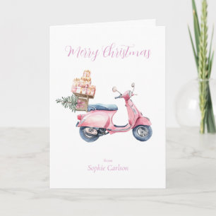 Pink Vespa Christmas Shopping Trip   Holiday Card