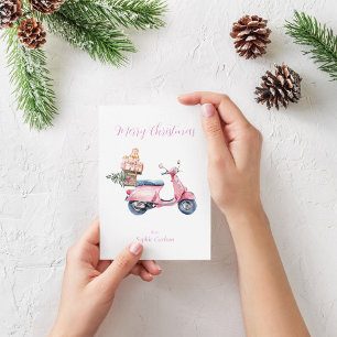 Pink Vespa Christmas Shopping Trip Holiday Card