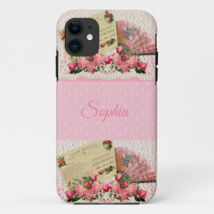 Pink Victorian Antique Fan, Postcard, Polka Dot Case-Mate iPhone Case