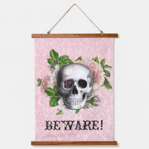 Pink Victorian Gothic Skull Halloween Beware Sign Hanging Tapestry