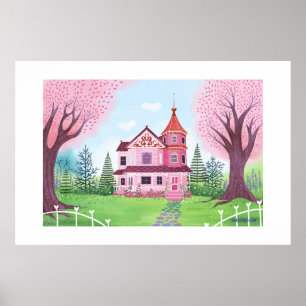 Pink Victorian House & Cherry Blossom Large Print