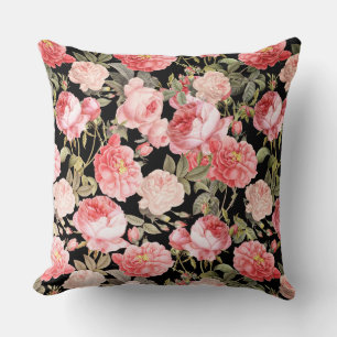 Pink Victorian Roses on Black Pattern Cushion