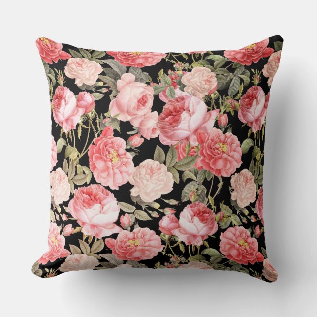 Pink Victorian Roses on Black Pattern Cushion (Front)