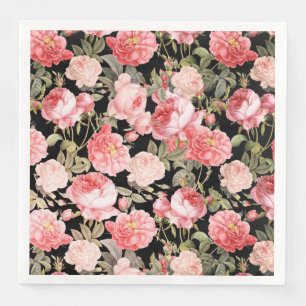 Pink Victorian Roses on Black Pattern Napkin