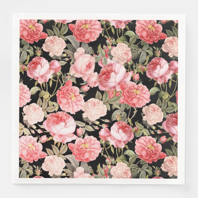 Pink Victorian Roses on Black Pattern Napkin (Front)