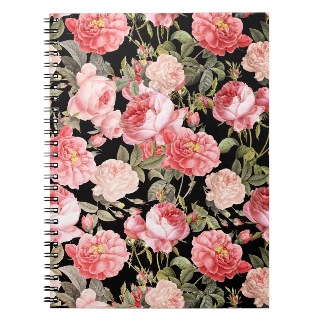 Pink Victorian Roses on Black Pattern Notebook (Front)