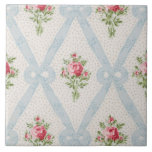 Pink Victorian Roses w/Blue Ribbon Lattice Tile<br><div class="desc">Pretty Victorian pink rose bouquets with diagonal lattice of pale blue ribbons and bows on soft eggshell background with subtle grey dots. Design is seamless and scaleable.</div>