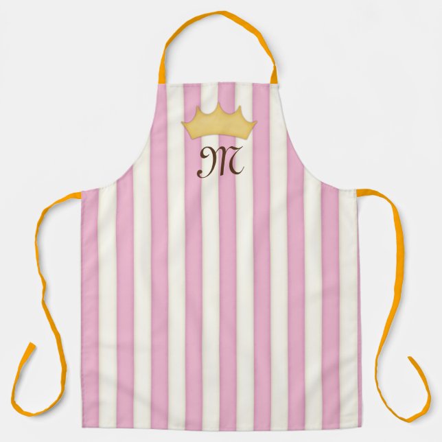 Pink Victorian Stripes Crowned Monogram Princess Apron (Front)