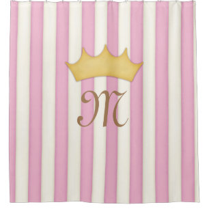 Pink Victorian Stripes Crowned Monogram Princess Shower Curtain