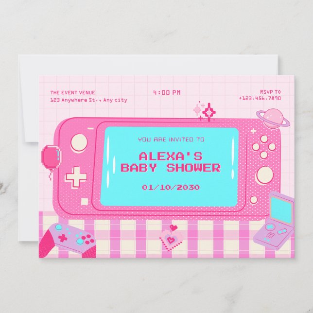 Pink video game retro baby shower invitation (Front)