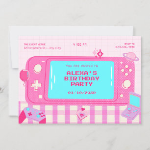 Pink video game retro birthday invitation
