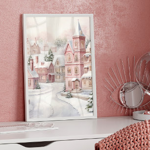 Pink Village Christmas Wonderland Snow Poster