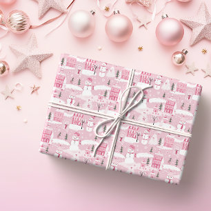 Pink Village Snowy Christmas Wrapping Paper