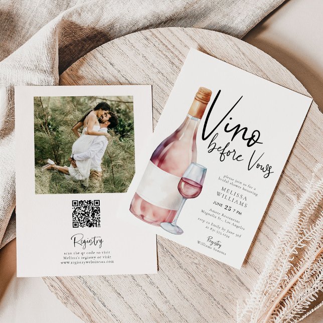 Pink Vino Before Vows Qr Code Photo Bridal Shower Invitation (Creator Uploaded)