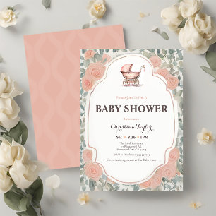 Pink Vintage Antique Rose Stroller Baby Shower Invitation