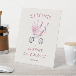 Pink Vintage Baby Carriage Baby Shower Welcome Pedestal Sign