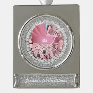 Pink Vintage Baby Carriage Jewel Faux Glitter Silver Plated Banner Ornament
