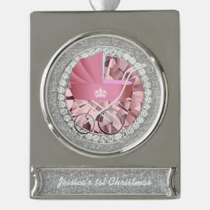 Pink Vintage Baby Carriage Jewel Faux Glitter Silver Plated Banner Ornament