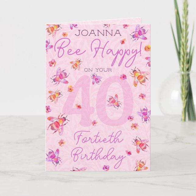 Pink Vintage Bee 40th Birthday Card (Front)