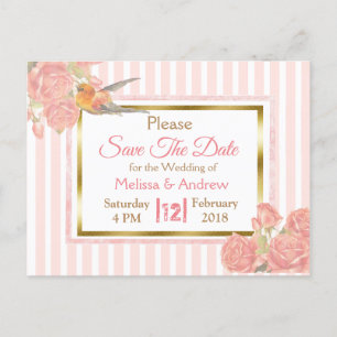 PInk Vintage Bird  Floral Wedding Save the Date Announcement Postcard